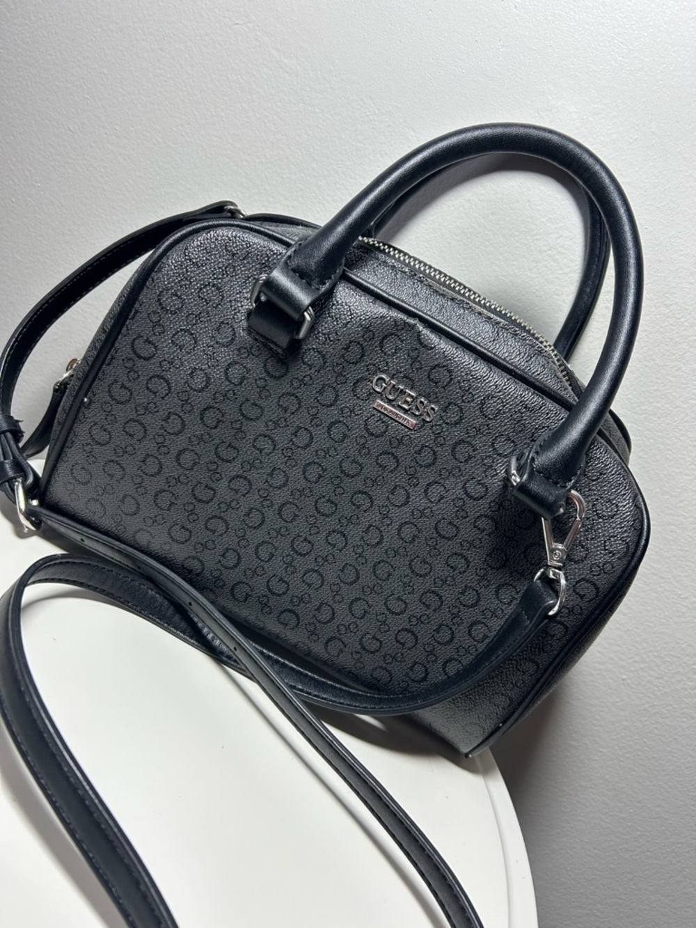 GUESS Black Logo Dome Satchel with Removable Strap